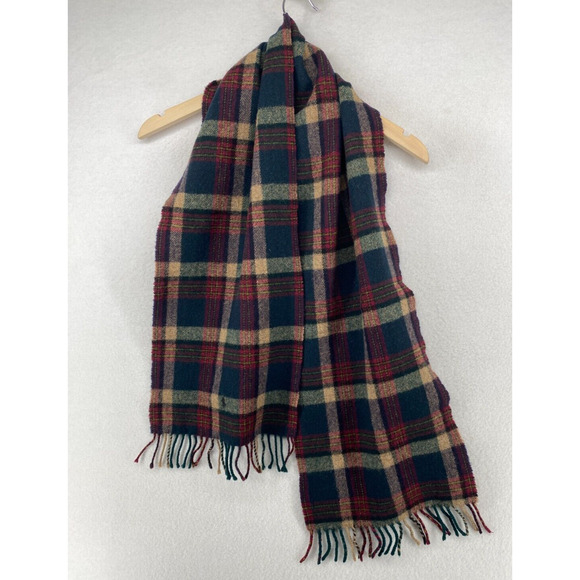 POLO RALPH L Scarf Mens Lambswool Tartan Fringed Rectangular Green Red 11" x 56" - Picture 1 of 13